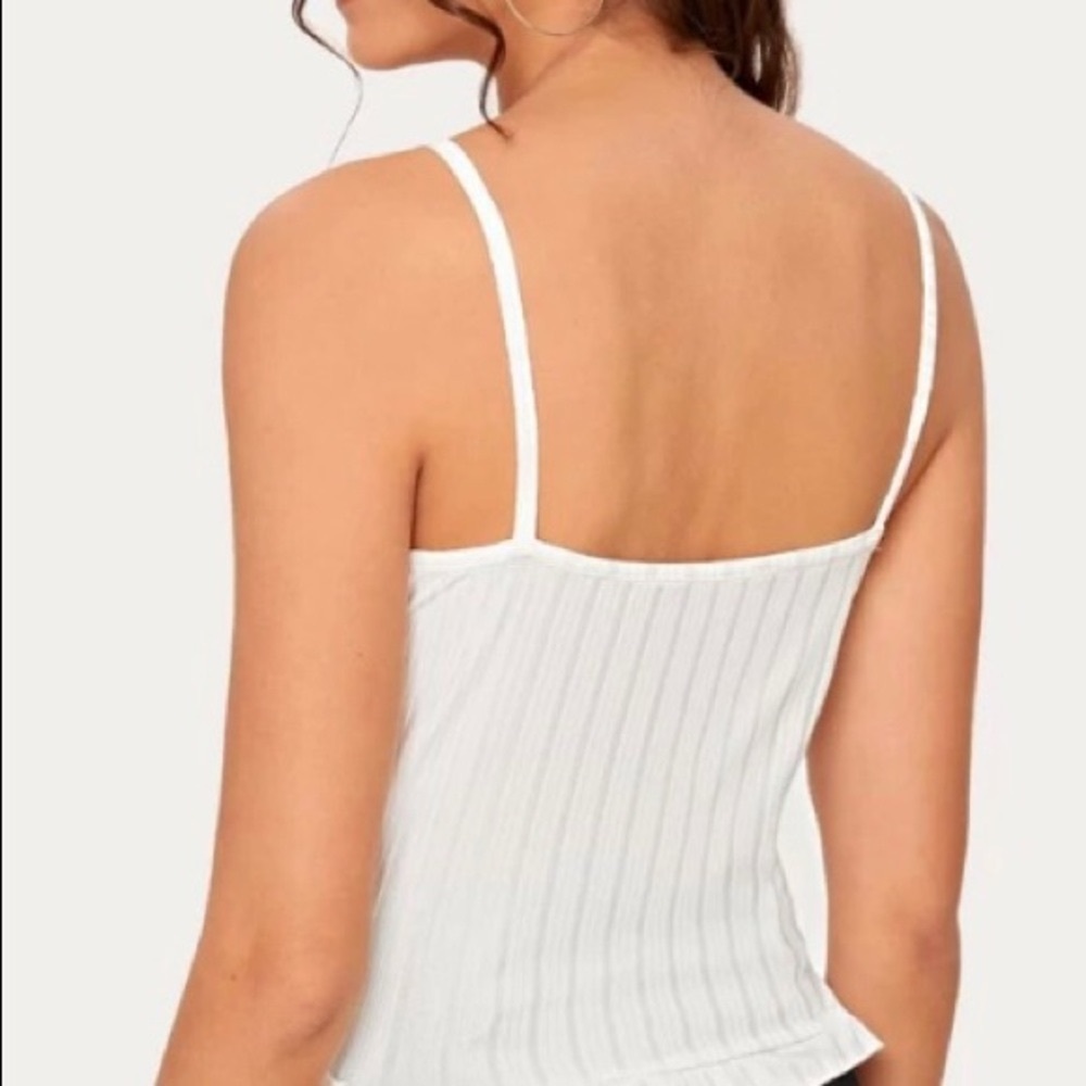 White Deep V Neck Ruched Front W/Drawstring Ruffle Hem Rib Knit Tank Top - Picture 3 of 3